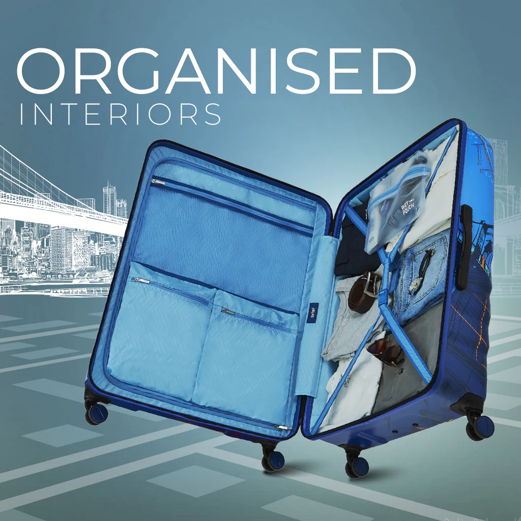 Safari Brooklyn Printed Blue Trolley Bag with TSA Lock, Dual wheels, Side Hooks and Wet Pouch - Image 3