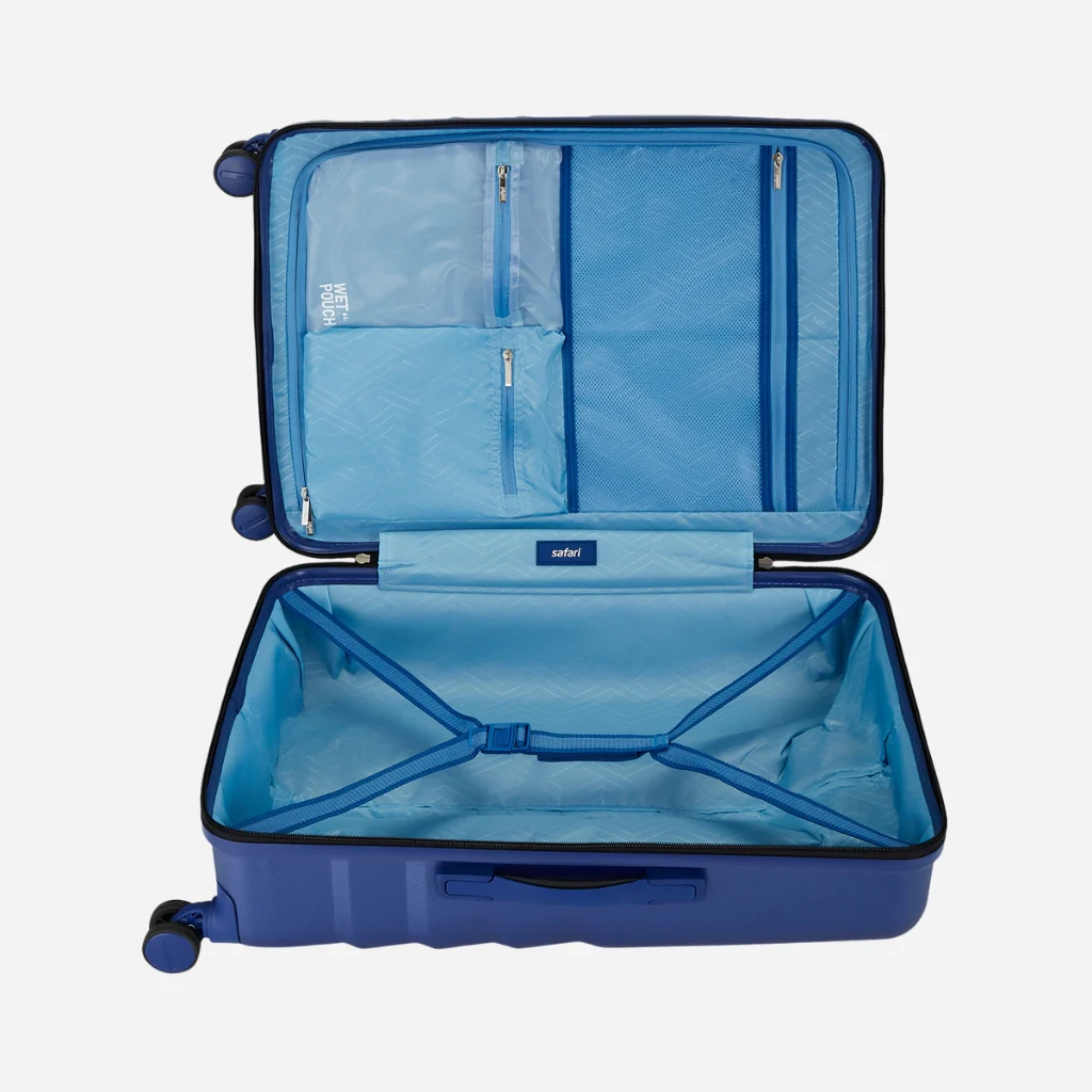 Safari Polaris Pro Titan Blue Trolley Bag with TSA Lock, Dual wheels, Side Hooks and Wet Pouch - Image 16