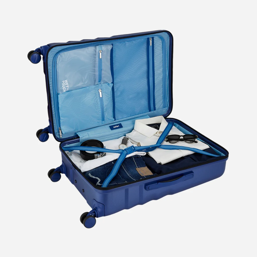 Safari Polaris Pro Titan Blue Trolley Bag with TSA Lock, Dual wheels, Side Hooks and Wet Pouch - Image 17