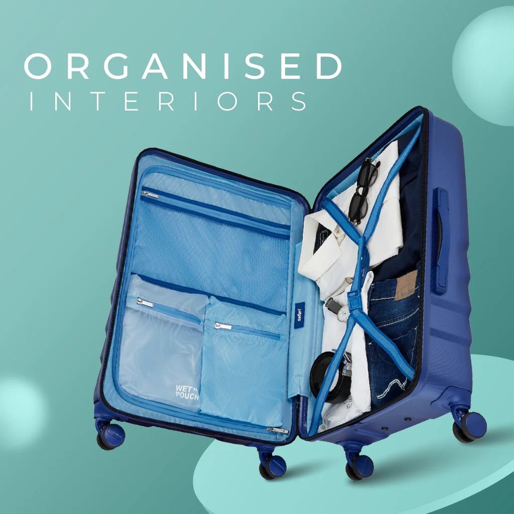 Safari Polaris Pro Titan Blue Trolley Bag with TSA Lock, Dual wheels, Side Hooks and Wet Pouch - Image 6