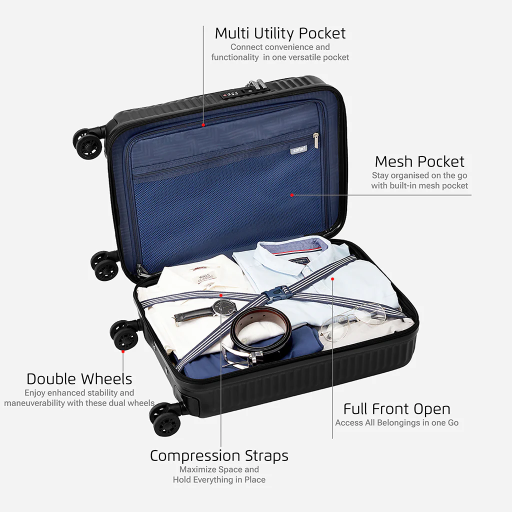 Safari Select Recoil Black Cabin Trolley Bag with Laptop Compartment, TSA Lock, Dual wheels and Anti-Theft Zipper - Image 4