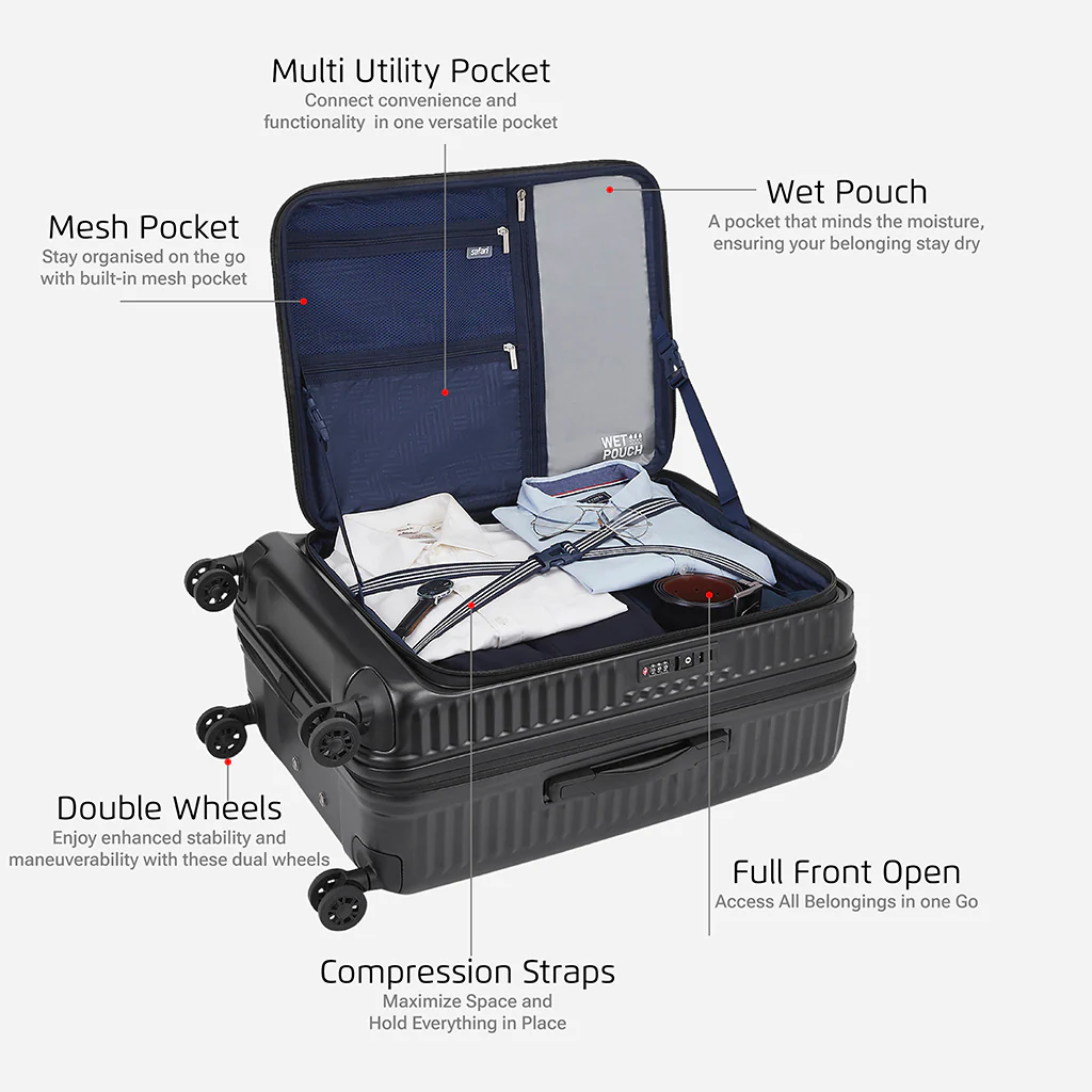 Safari Select Recoil Black Large Front opening Trolley Bag with Expander, TSA Lock, Dual wheels and Anti-Theft Zipper - Image 3