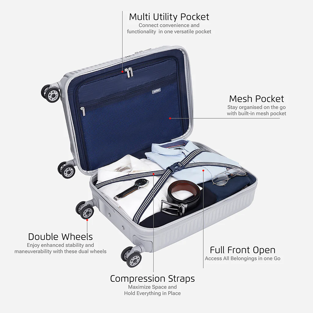 Safari Select Recoil Silver Cabin Size Trolley Bag with Laptop Compartment, TSA Lock, Dual wheels and Anti-Theft Zipper - Image 4