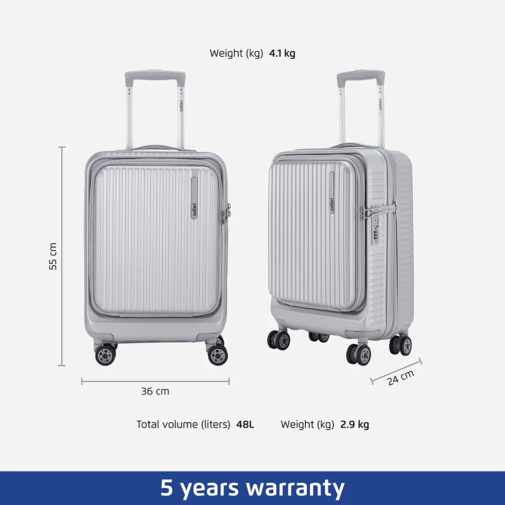 Safari Select Recoil Silver Cabin Size Trolley Bag with Laptop Compartment, TSA Lock, Dual wheels and Anti-Theft Zipper - Image 5