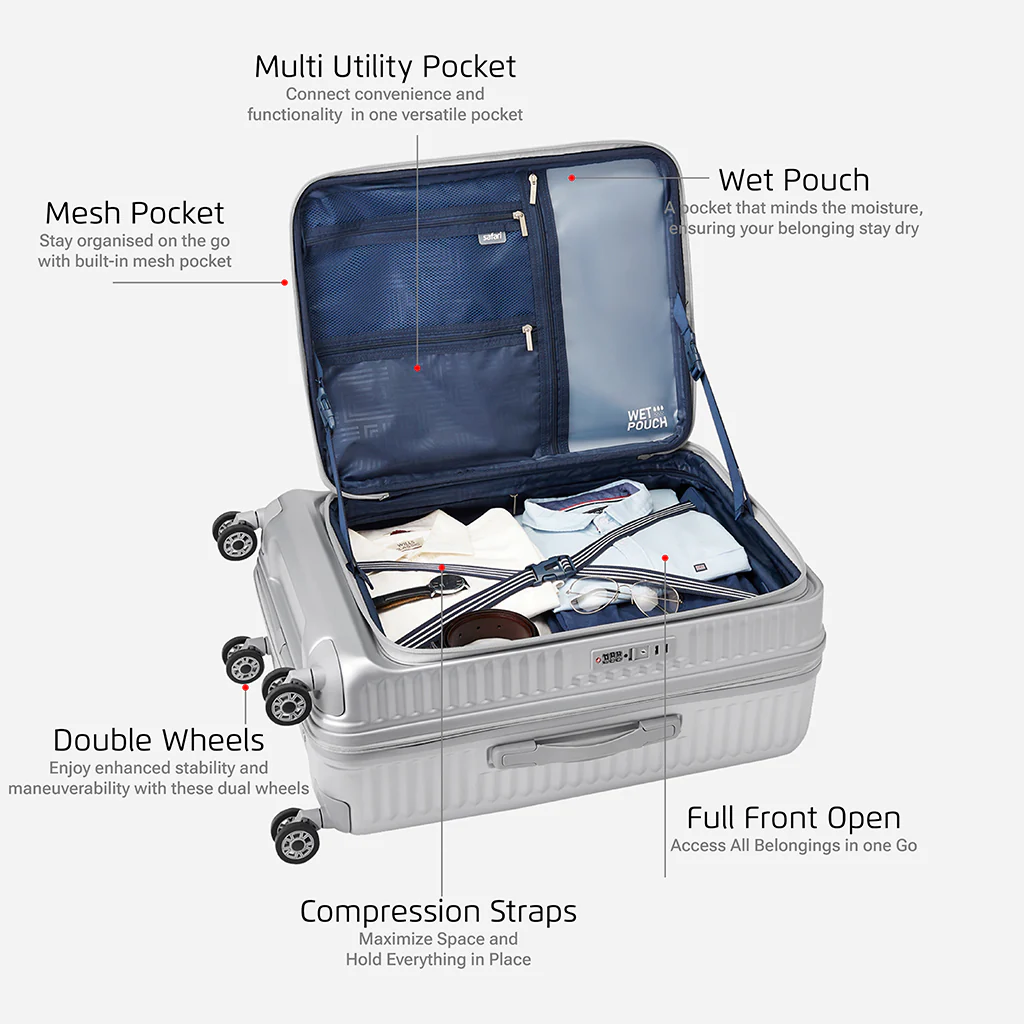 Safari Select Recoil Silver Large Front Opening Trolley Bag with Expander, TSA Lock, Dual wheels and Anti-Theft Zipper - Image 3