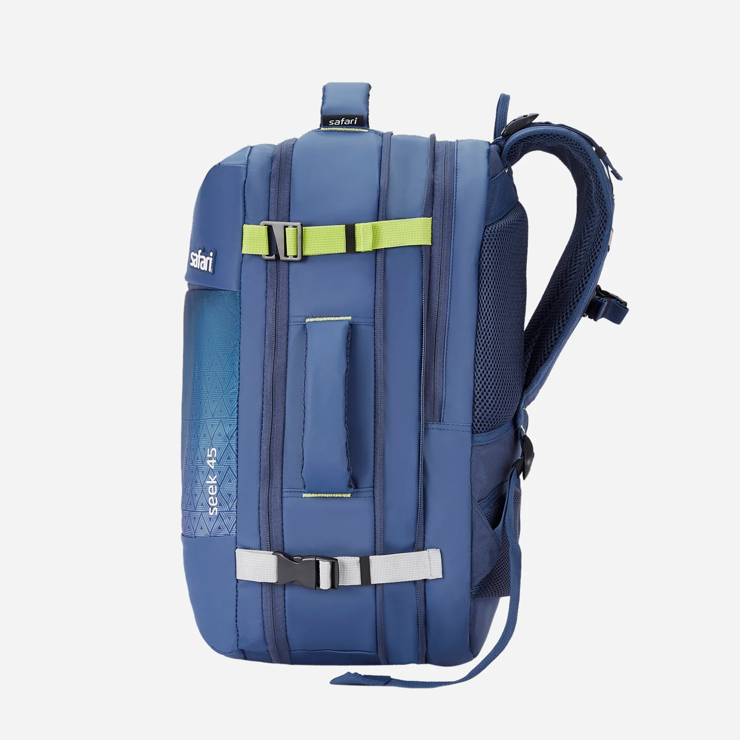Safari Seek 45L Blue Backpack Suitcase with Two Way Handle, Chest Straps & Luggage Style Packing - Image 5