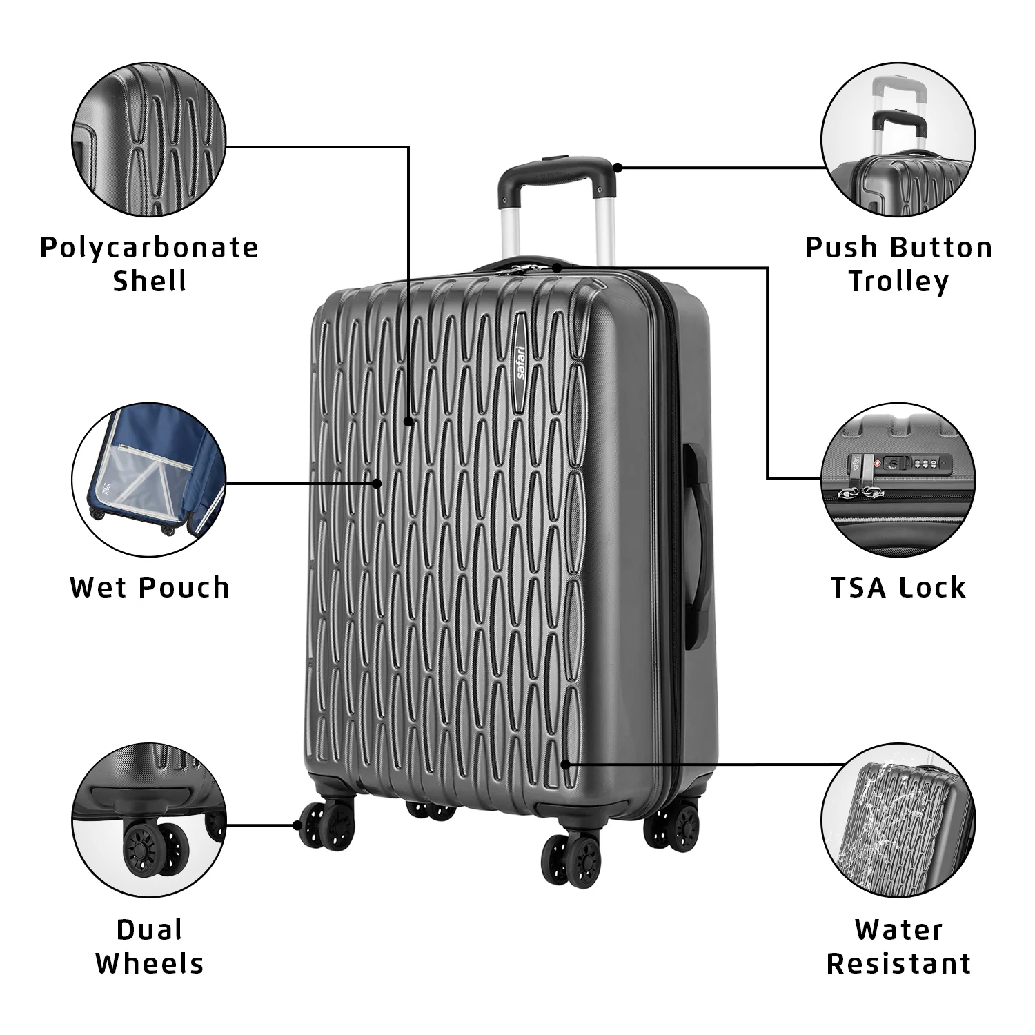 Safari Twister Gun Metal Trolley Bag with TSA Lock & Anti Theft Zipper - Image 13